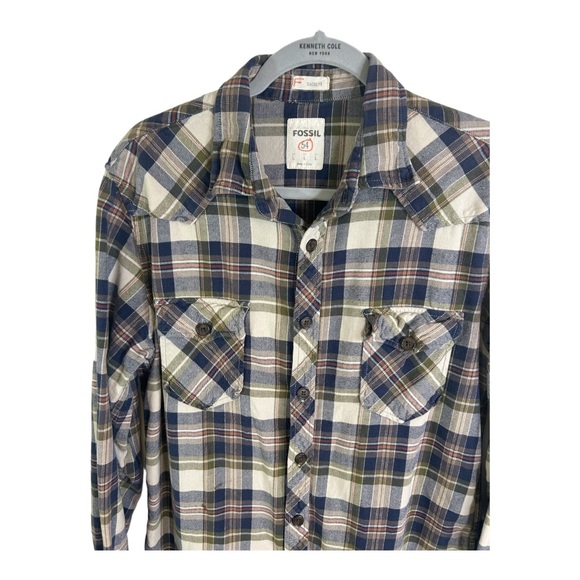 Fossil Shirt Mens Size Large Brown White Plaid Button Down Cotton A427 - Picture 2 of 6